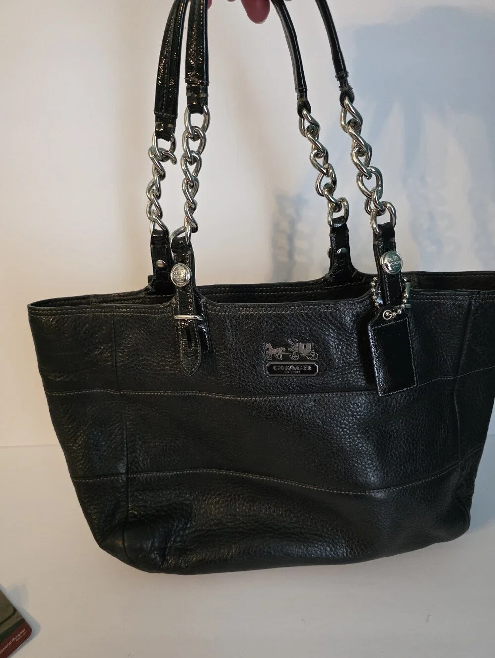 Coach Y2K Vintage Tribecca Black Pebbled Leather Tote with Chain-Link Straps